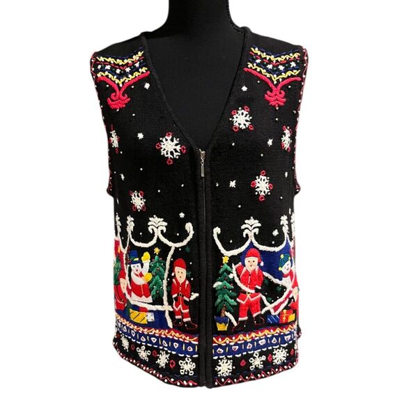 DESIGNERS ORIGINALS STUDIO Ho Ho Ho Christmas Cardigan Sweater Vest Sz L - Picture 1 of 7
